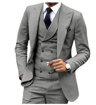 Siva/Modra/Bela moška Obleka 3 Kos Slim Fit Moda Zarezo River Groomsmen Jopičem Moške Obleke za Poroko (Suknjič+Telovnik+Hlače)
